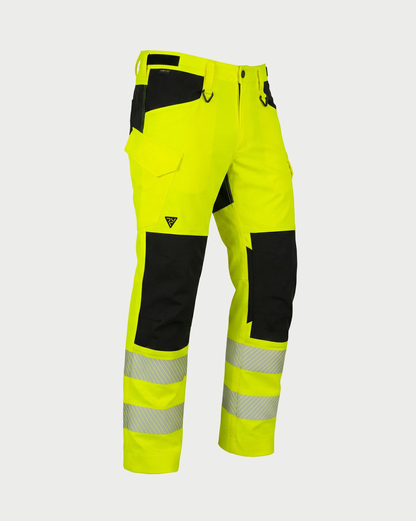 Vohl Hi Vis Utility Pant – Safety Yellow – SKU HV-UP-105, angled front view showing utility pockets, D-ring attachments and Cordura contrast panels | color:Safety Yellow