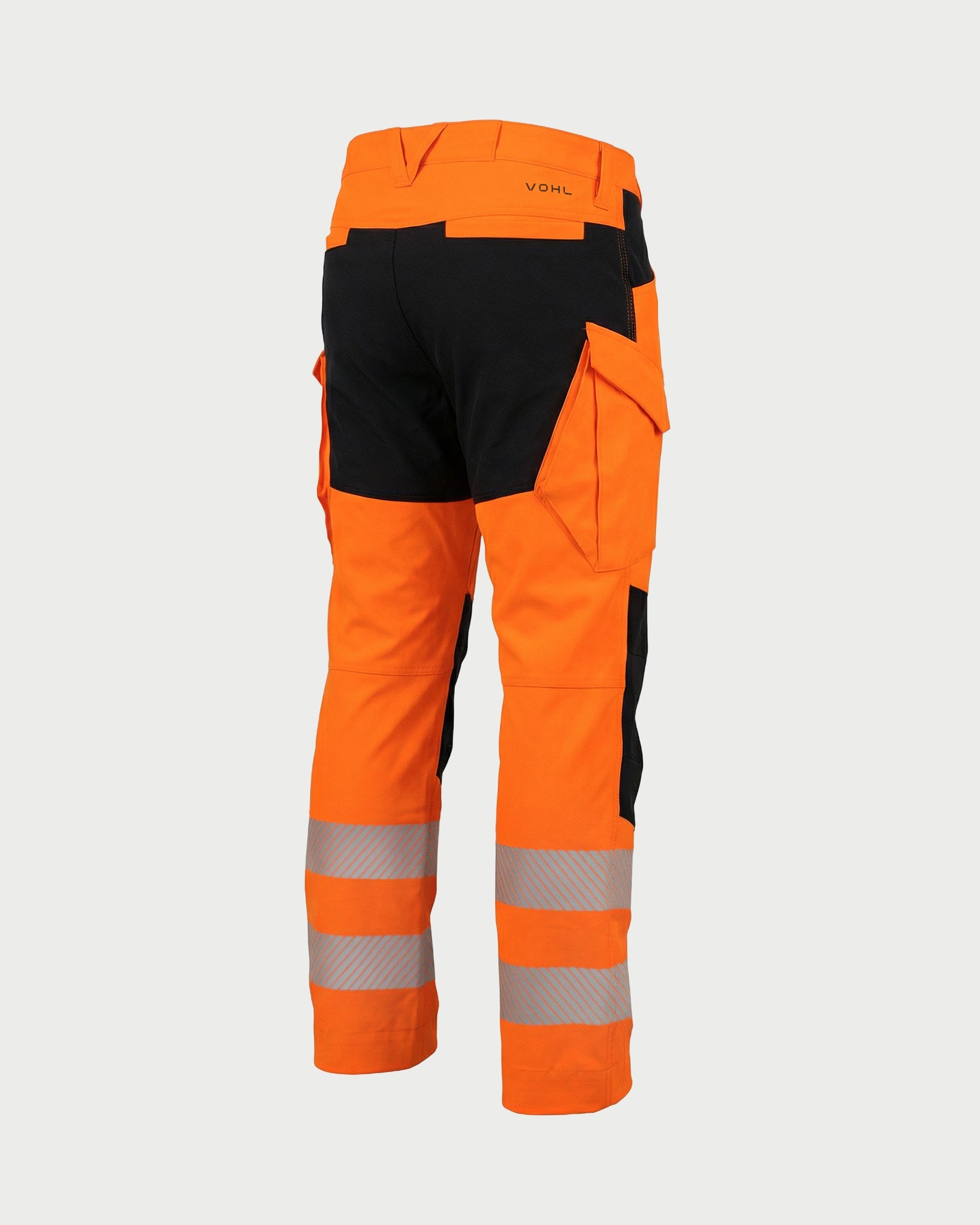 Vohl Hi Vis Utility Pant – Safety Orange – SKU HV-UP-205, angled back view with Cordura reinforced seat panel and reflective detailing | color:Safety Orange