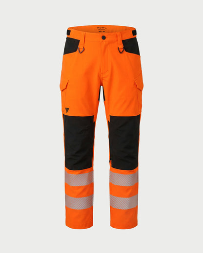 Vohl Hi Vis Utility Pant – Safety Orange – SKU HV-UP-205, front view with Cordura reinforced knee panels and reflective leg bands | color:Safety Orange