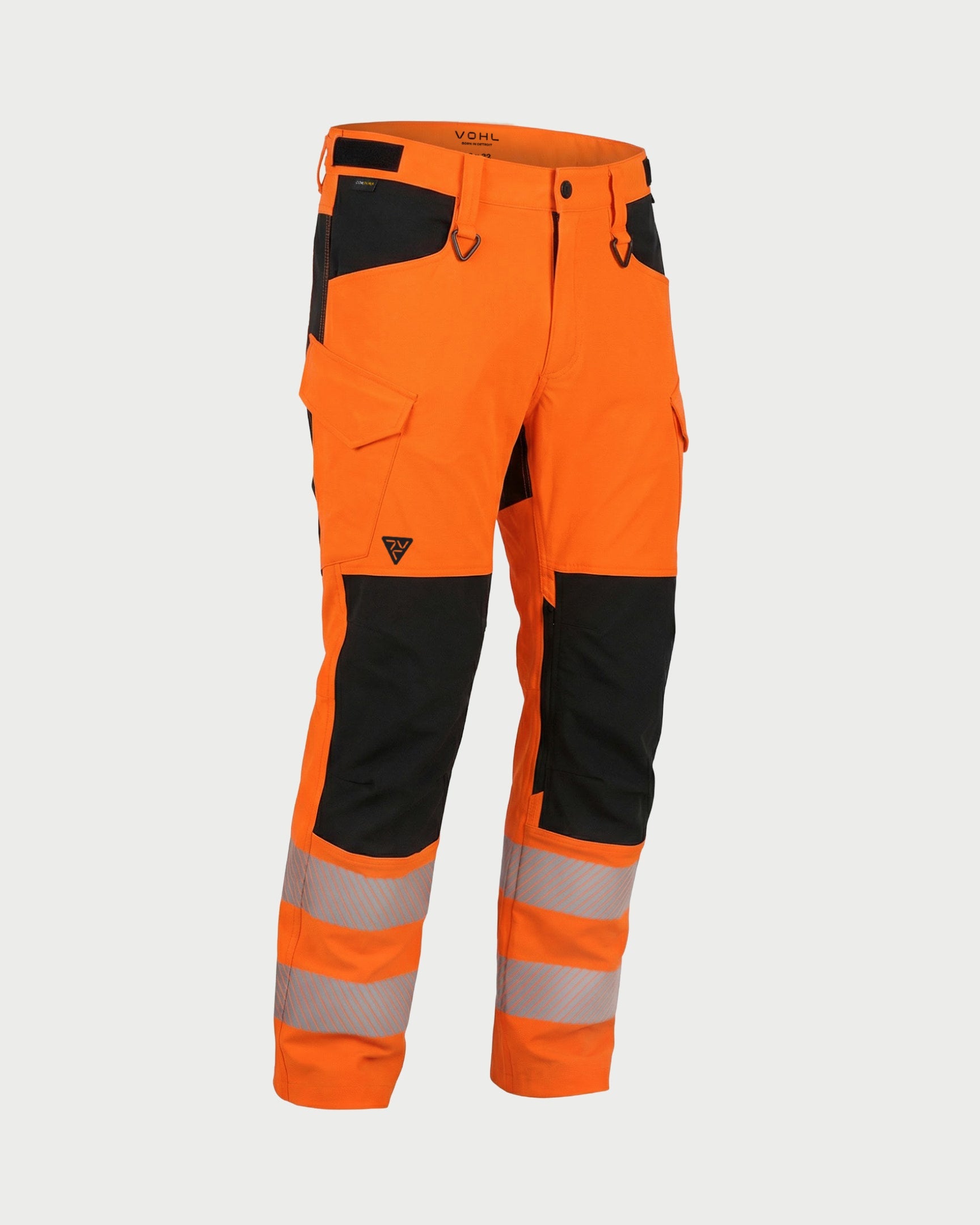 Vohl Hi Vis Utility Pant – Safety Orange – SKU HV-UP-205, angled front view showing utility pockets, D-ring attachments and Cordura contrast panels | color:Safety Orange