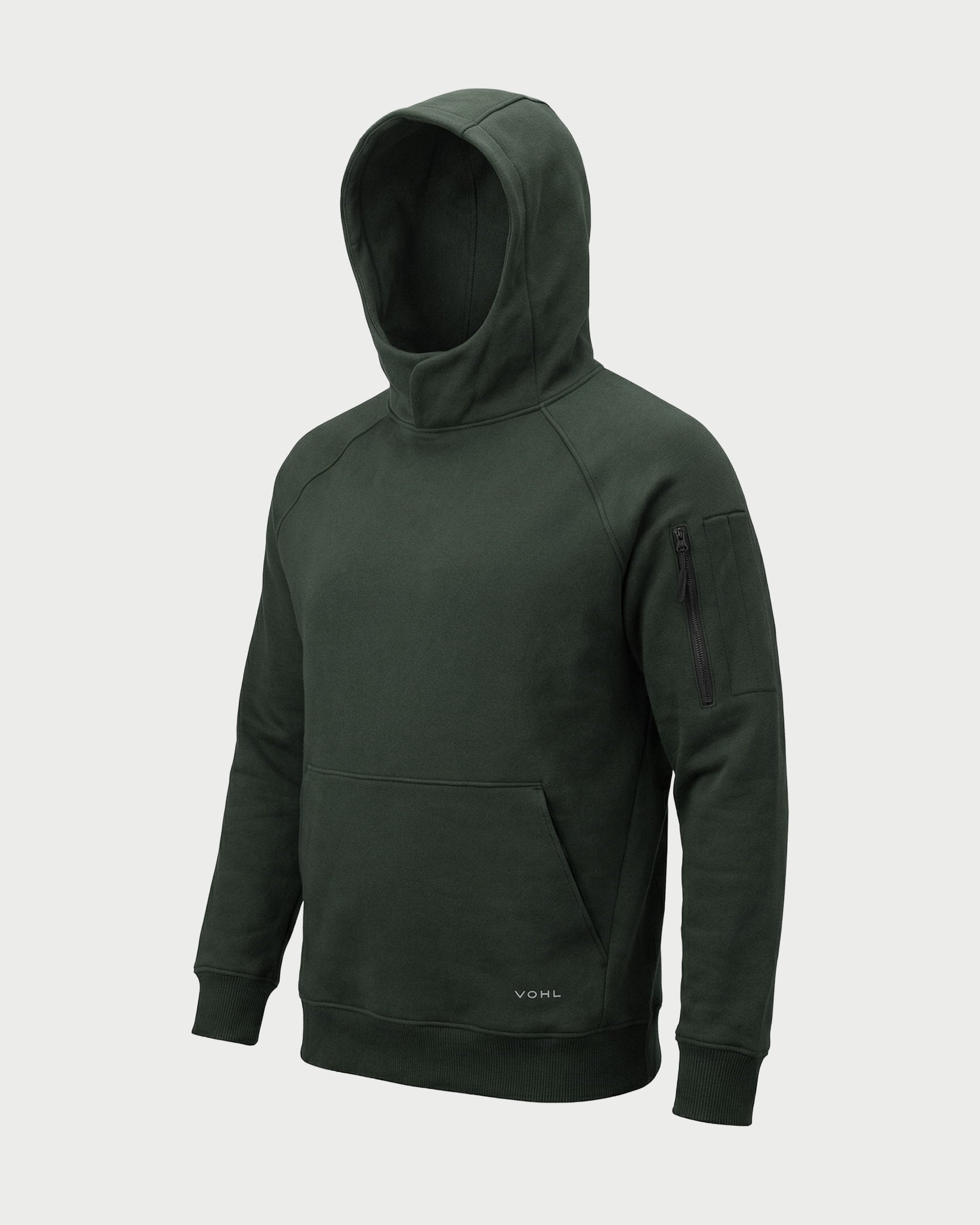 Vohl Heavyweight Fleece Hoody - Deep Forest Green - SKU WW-PO-400, angled front view with hood up and sleeve zip pocket | color:Deep Forest Green
