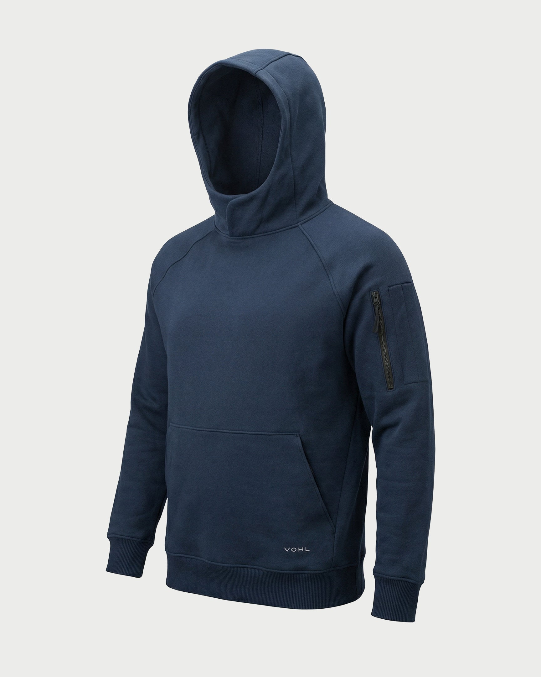 Vohl Heavyweight Fleece Hoody - Detroit Blue - SKU WW-PO-600, angled front view with hood up and sleeve zip pocket | color:Detroit Blue