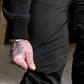 Close-up of Black straight leg work pants with articulated knee and Vohl logo detail – SKU WW-SP-900 | color:Black