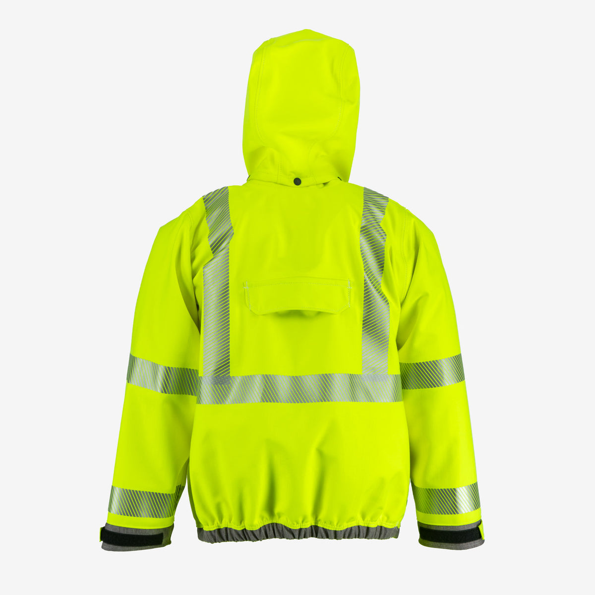 NASCO ArcJoule FR rain jacket in fluorescent yellow, back view with detachable hood