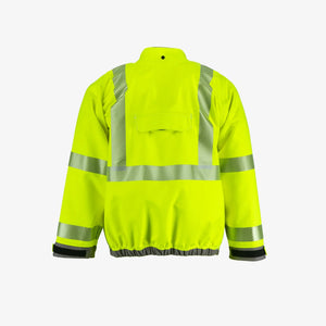 NASCO ArcJoule FR rain jacket in fluorescent yellow, back view