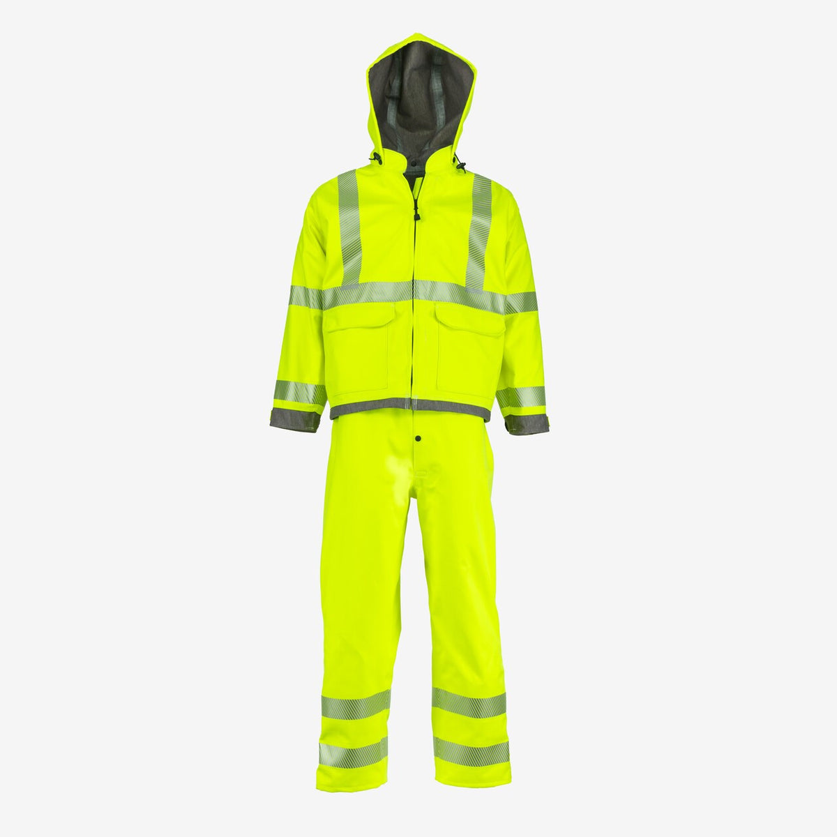 NASCO ArcJoule FR rain jacket in fluorescent yellow shown with matching ArcJoule bib overalls