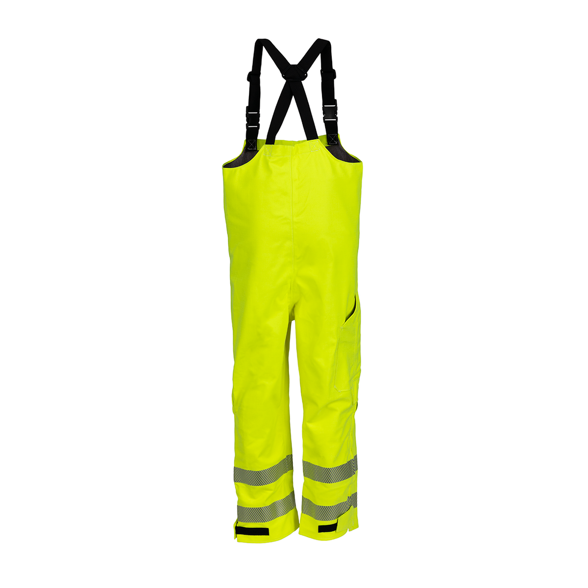 NASCO ArcJoule women's FR rain bib overalls in fluorescent yellow, back view