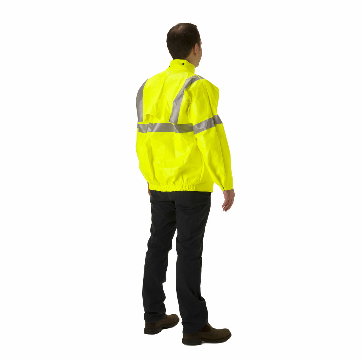 NASCO ArcLite Air FR rain jacket in fluorescent yellow, back view