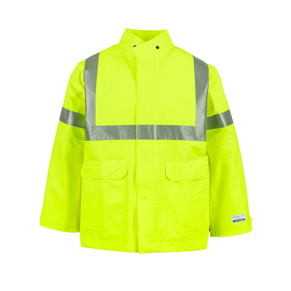 NASCO ArcLite Air FR rain jacket in fluorescent yellow, front view