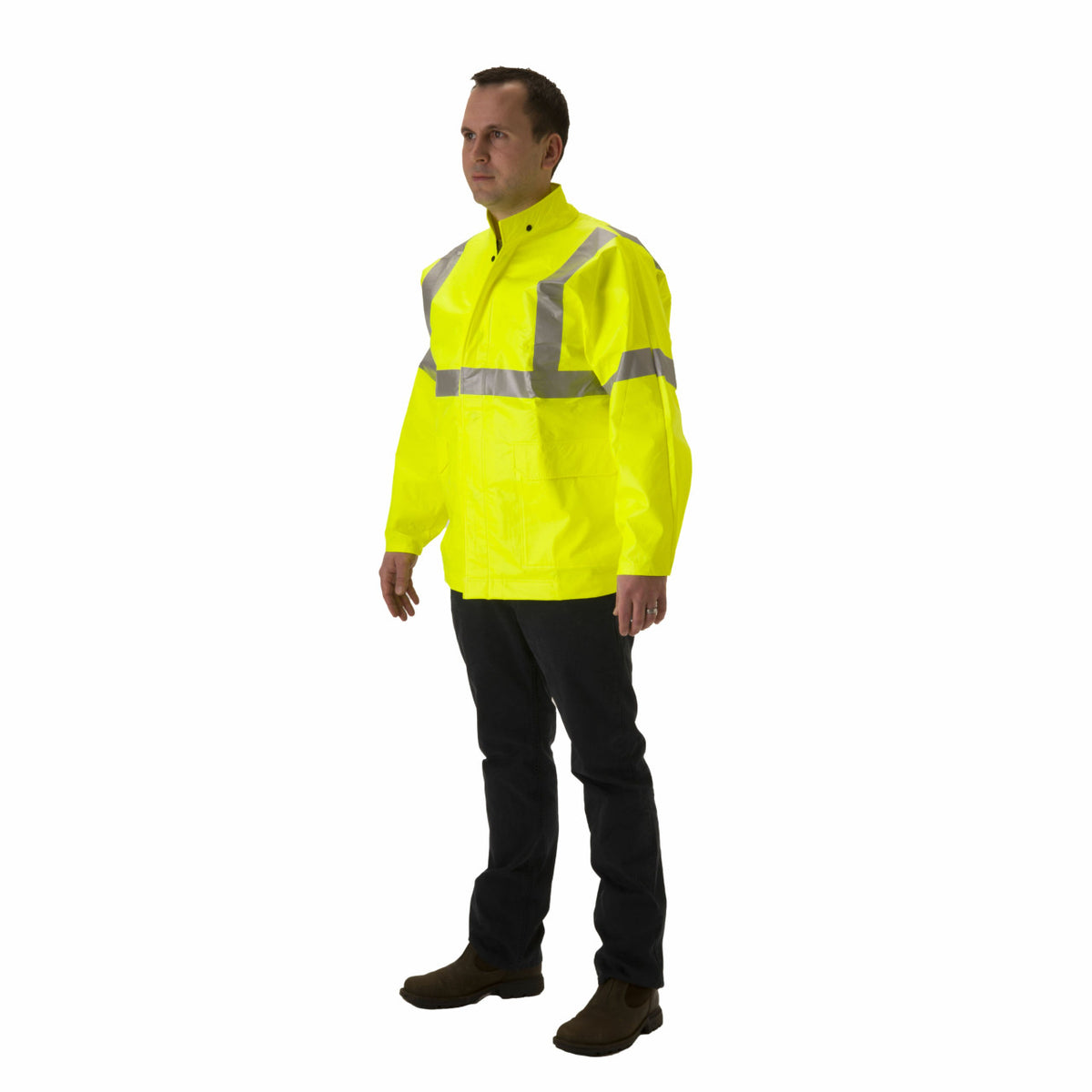 NASCO ArcLite Air FR rain jacket in fluorescent yellow, side view