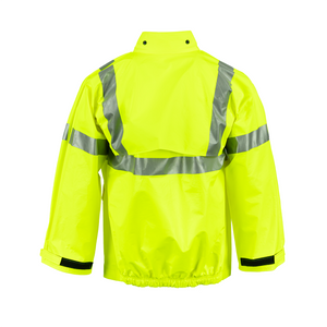 NASCO ArcLite Air FR rain jacket in fluorescent yellow, worn front view