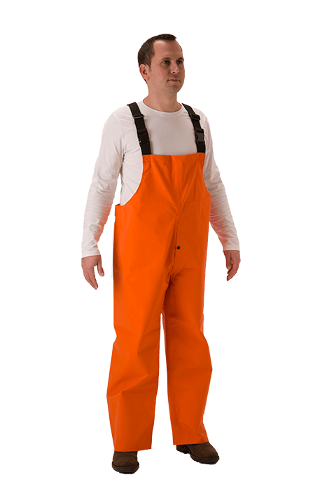 NASCO PetroLite FR rain bib overalls with fly front in International Orange