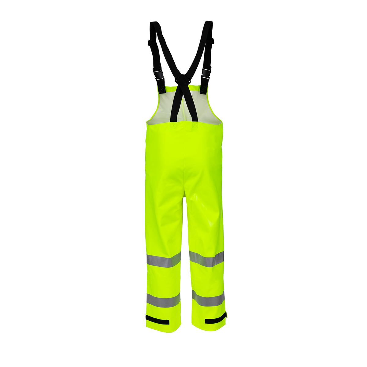 NASCO Sentinel women's FR rain bib overalls in Fluorescent Yellow, back view