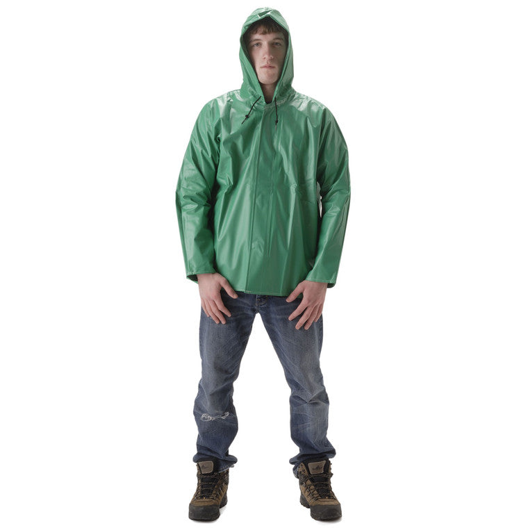 NASCO AcidBasic chemical splash rain jacket with attached hood in Green, worn view