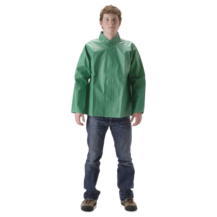 NASCO AcidBasic chemical splash rain jacket in Green, worn view