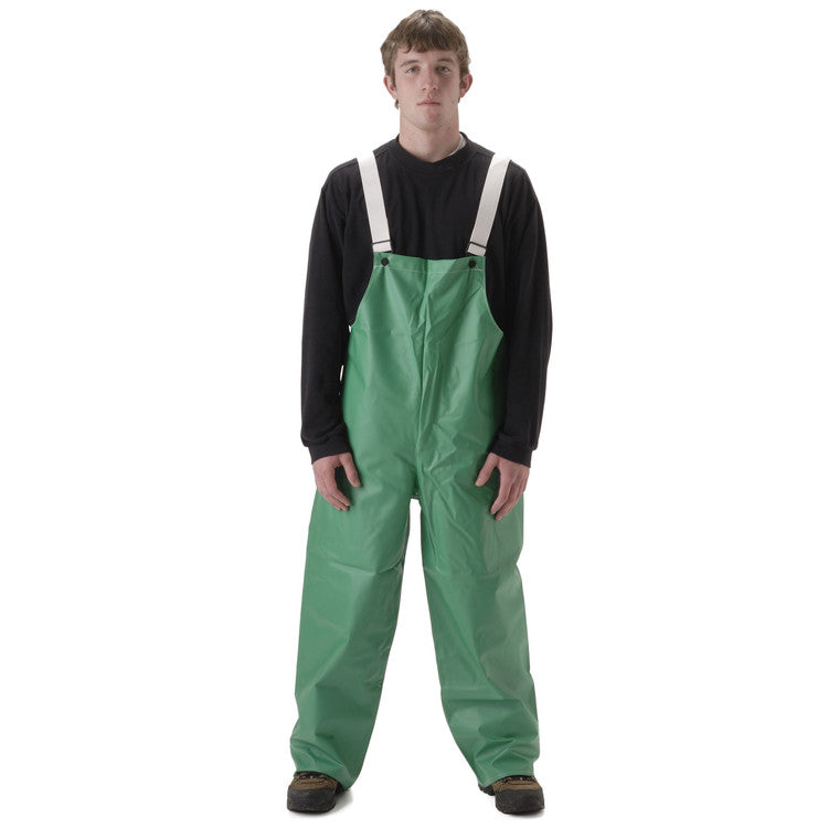 NASCO AcidBasic chemical splash rain bib overalls in Green, worn view