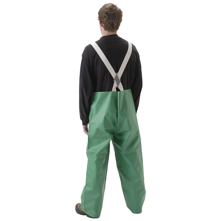 NASCO AcidBasic chemical splash rain bib overalls in Green, alternate worn view