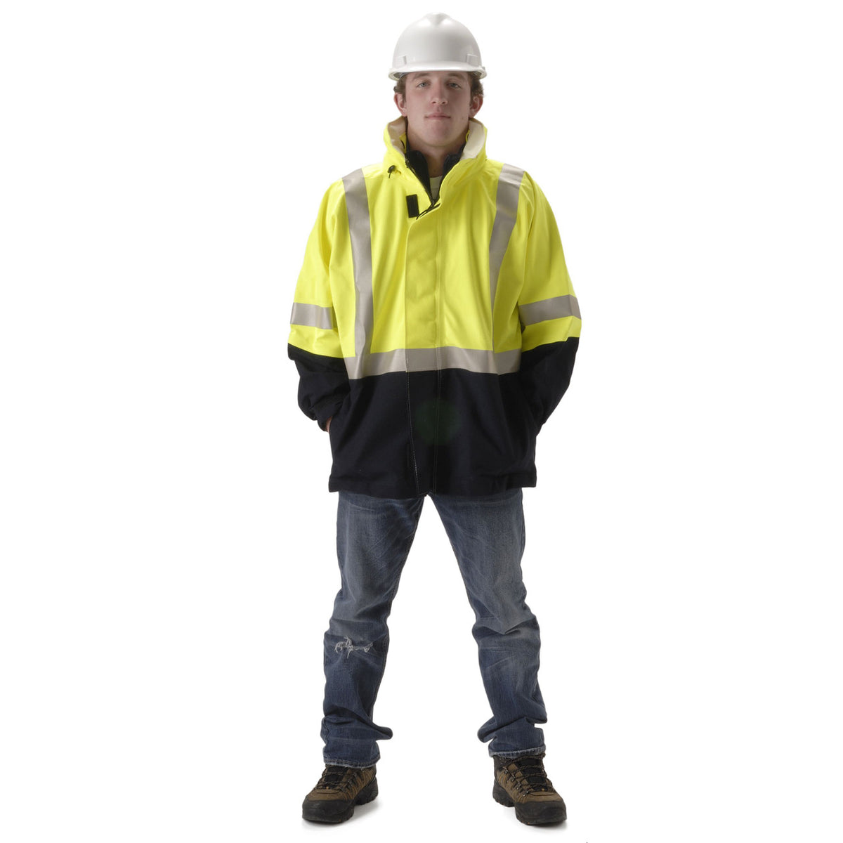 NASCO Omega FR rain jacket in Navy and Fluorescent Yellow