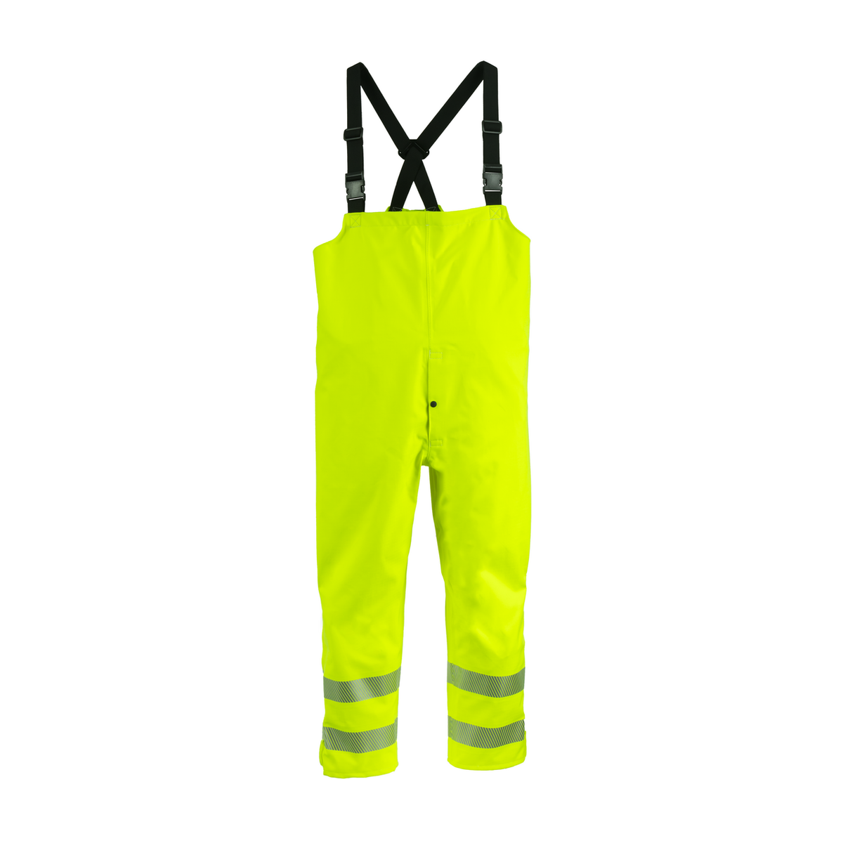 NASCO ArcJoule FR rain bib overalls, back view with crossed suspenders and reflective leg bands