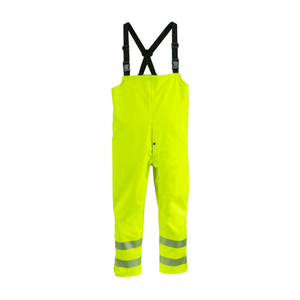 NASCO ArcJoule FR rain bib overalls, back view with crossed suspenders and reflective leg bands