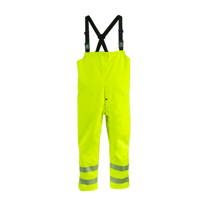 NASCO ArcJoule FR rain bib overalls, back view with crossed suspenders and reflective leg bands