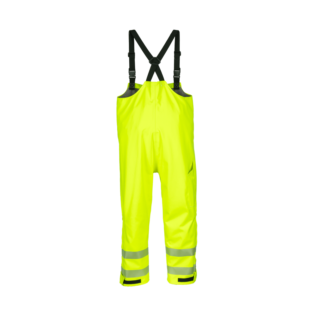 NASCO ArcJoule FR rain bib overalls, rear view showing thigh pocket and adjustable ankle tabs