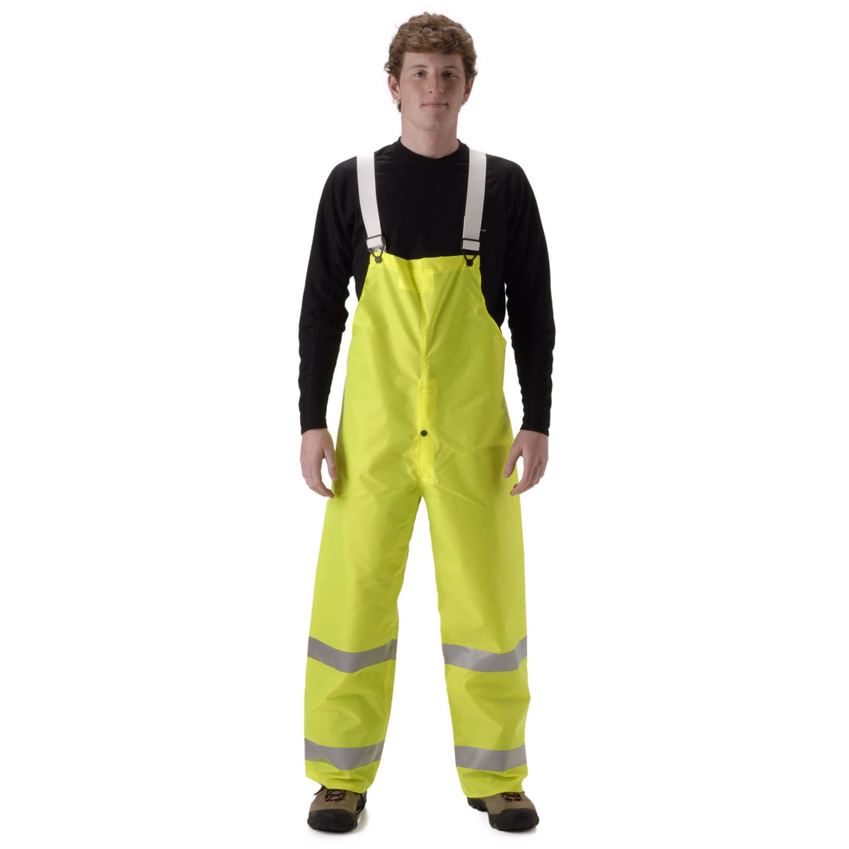 NASCO WorkLite HiVis rain bib overalls in Fluorescent Yellow, worn view