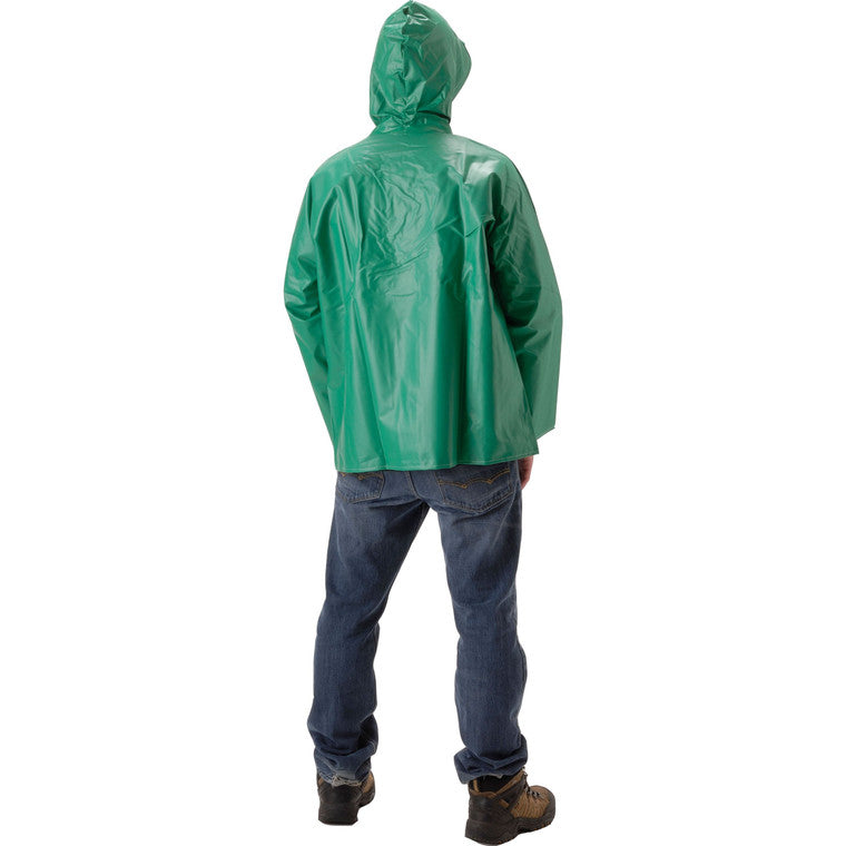 NASCO AcidBasic chemical splash rain jacket with attached hood in Green, back worn view