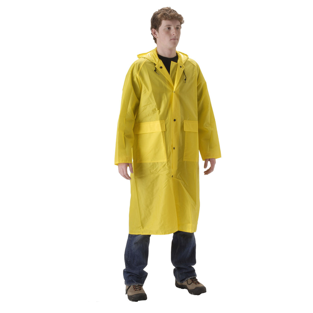 NASCO WorkLite rain coat with attached hood and patch pockets in Yellow, front view