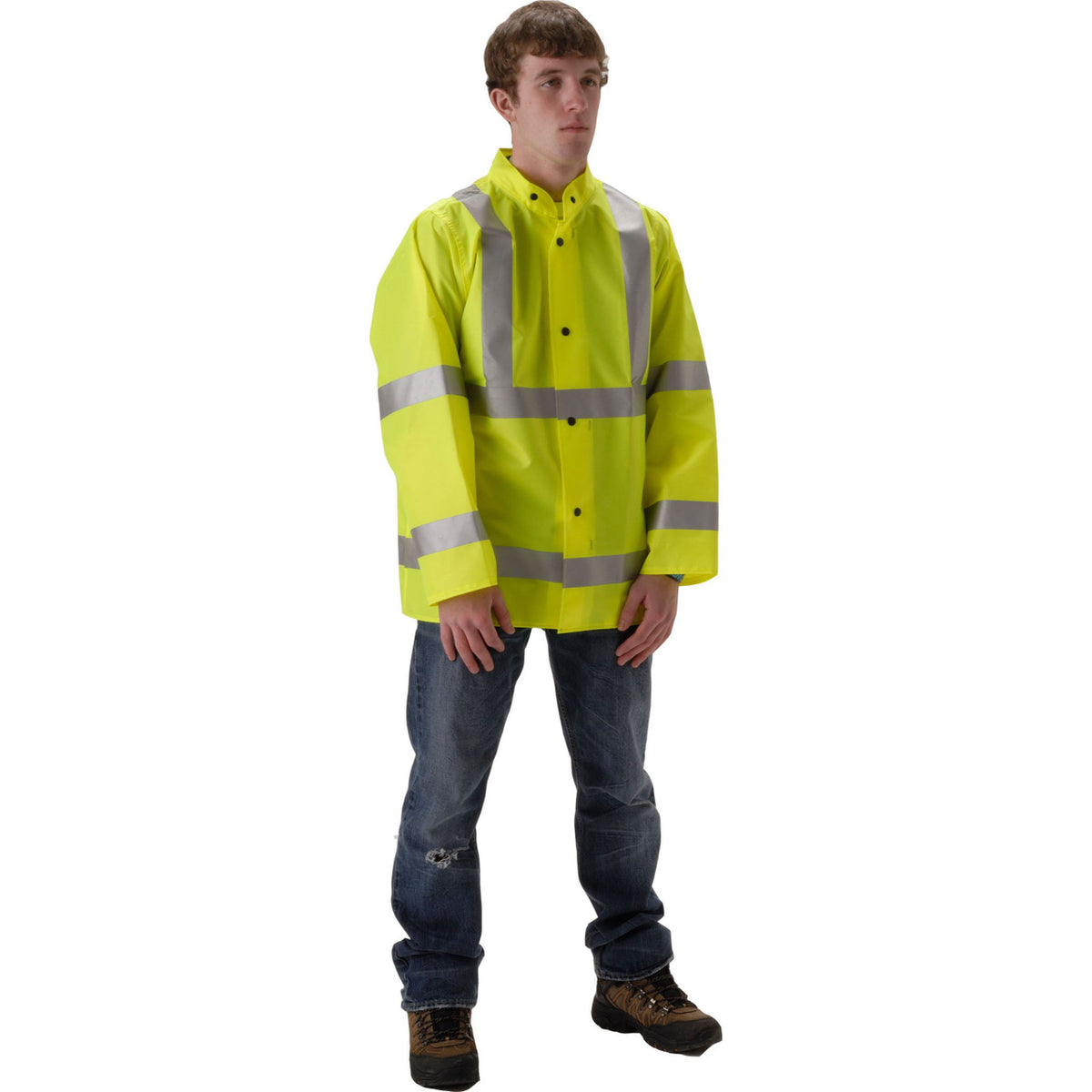NASCO WorkLite HiVis rain jacket in Fluorescent Yellow, worn front view