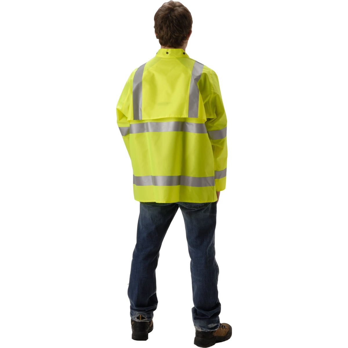 NASCO WorkLite HiVis rain jacket in Fluorescent Yellow, worn back view