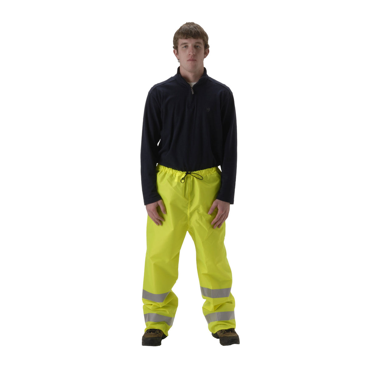 NASCO WorkLite HiVis rain pants in Fluorescent Yellow, worn view