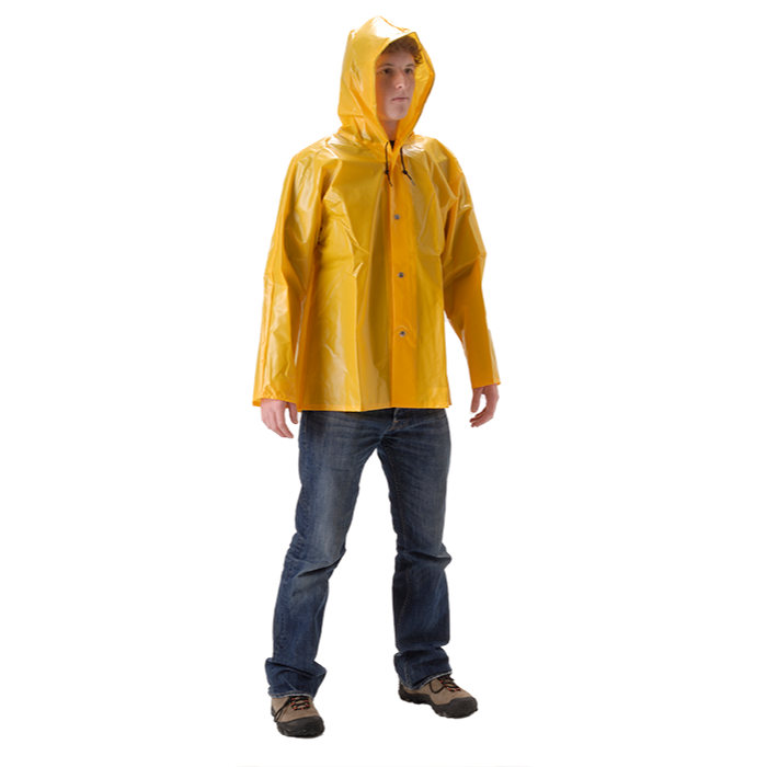 NASCO WorkHard heavy-duty rain jacket with attached hood in Spanish Yellow