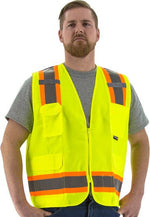 High Visibility Surveyors Safety Vest (PK 5 Vests) - DOT Striping, Zipper Close