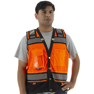 Hi Vis Heavy Duty Surveyor's Mesh Vest (PK 5 Vests) - ANSI 2, Type R, Snaps Close