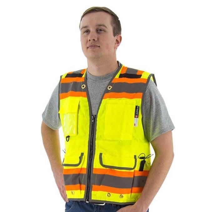 High Visibility Heavy Duty Surveyors Safety Vest - 2-Tone DOT Striping, Zipper Close