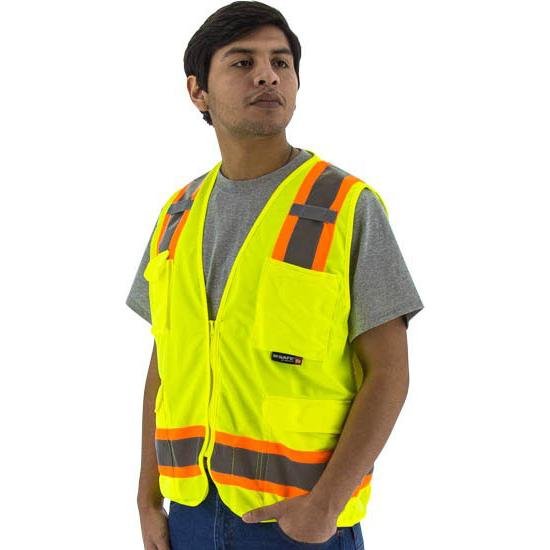 High Visibility Surveyors Safety Vest (PK 5 Vests) - DOT Striping, Mesh Back, Zipper Close