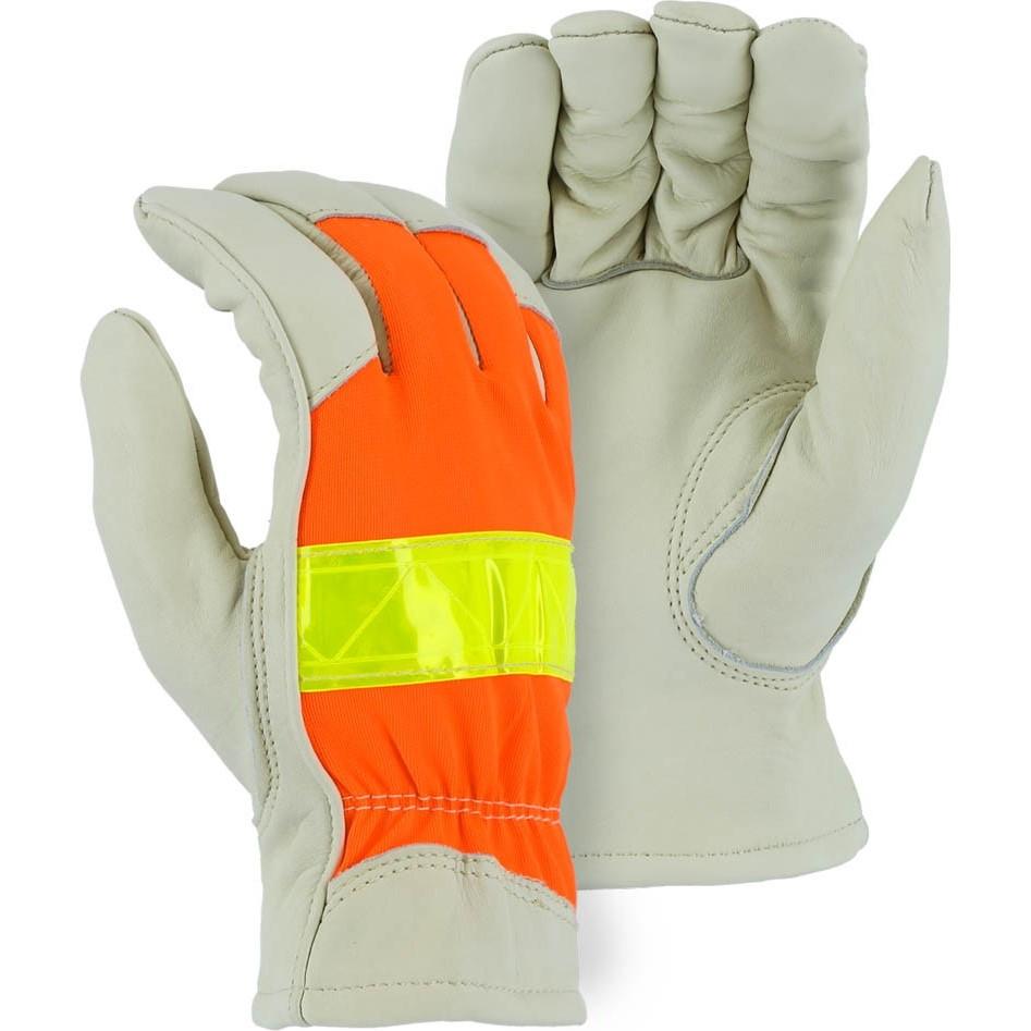 Leather Drivers Glove - A-Grade Cowhide Palm, Winter Lined, Keystone Thumb, 3M Reflective High Visibility, Majestic (PK 12 Pairs)