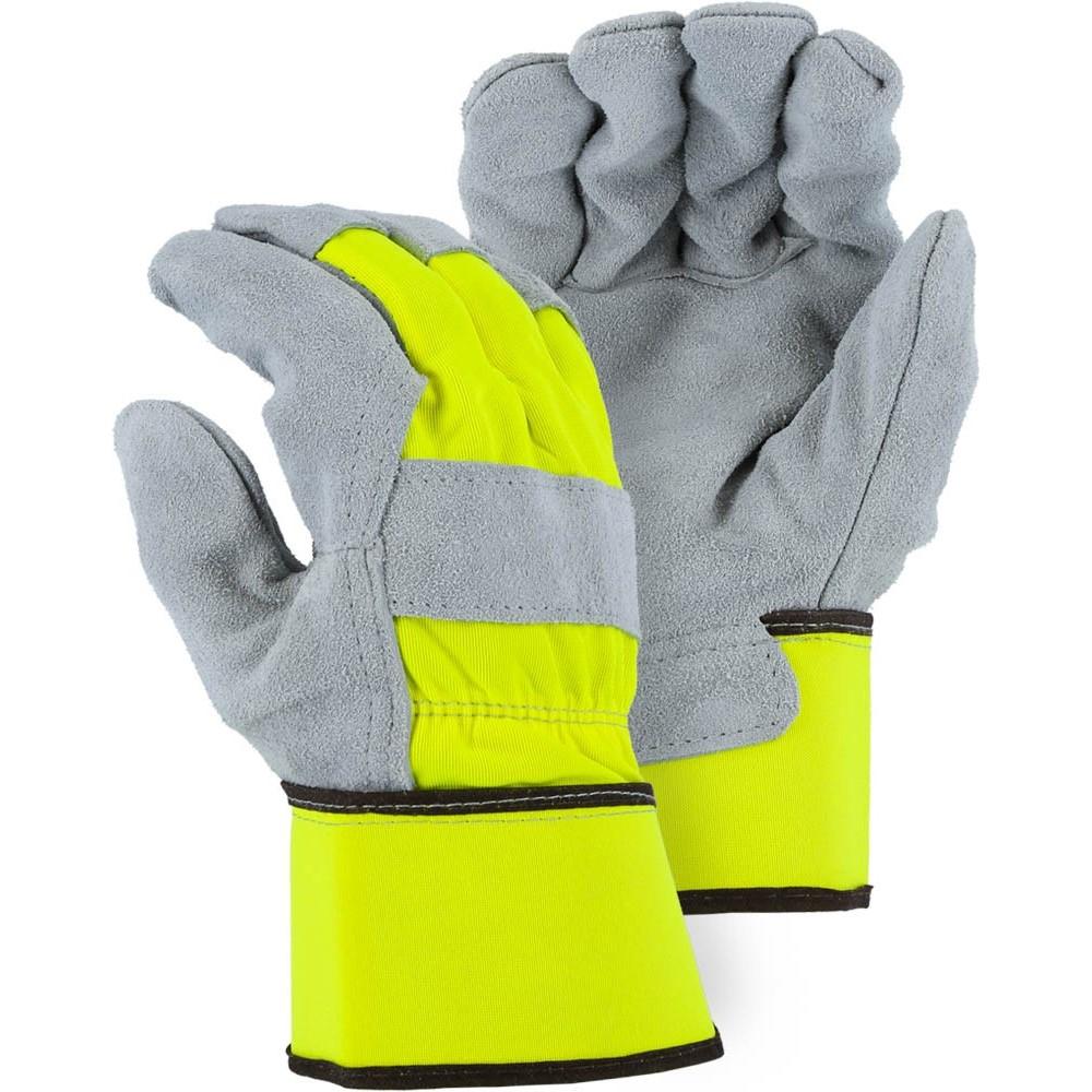 Leather Palm Glove - Premium Split Cowhide Double Palm, High Visibility, Gunn Cut, Wing Thumb, Rubberized Safety Cuff, Majestic (PK 12 Pairs)