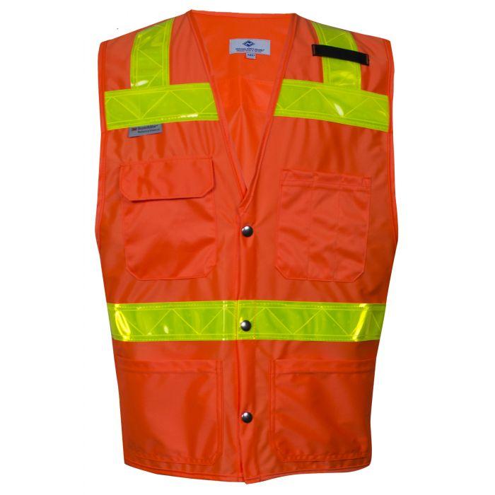 Orange Hi-Vis Road Safety Vest - FR Yellow Reflective Trim, 4 Various Size Pockets, Type R Class 2 (PK 2 Vests) - National Safety Apparel